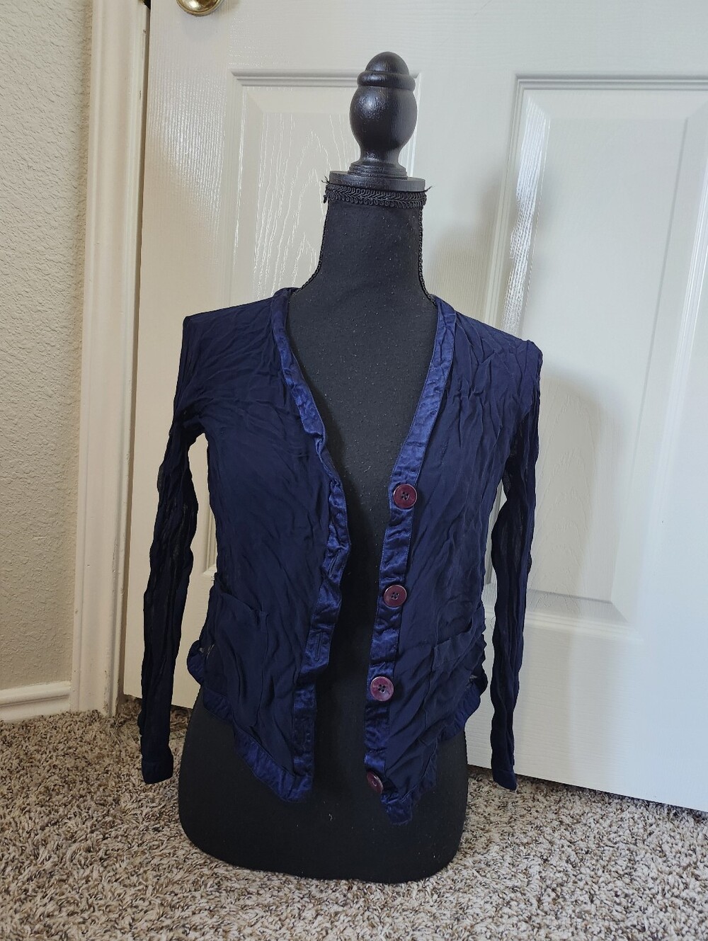 Express Navy Ruffle-Trim Button Cardigan - Picture 6 of 8